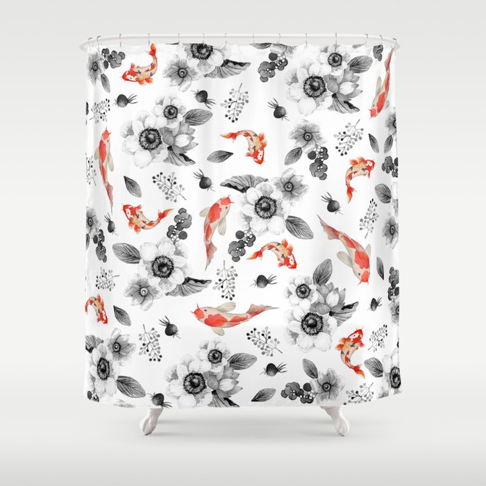 Colorful orange black white watercolor floral koi fish Shower Curtain by  Pink Water