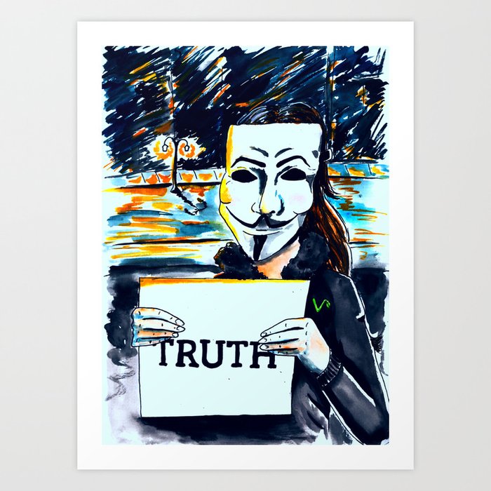 TRUTH Art Print | Painting, Watercolor, Gouache, Anonymous-mask, Anonymous, Vegan, Animal-rights, City, Night, City-lights