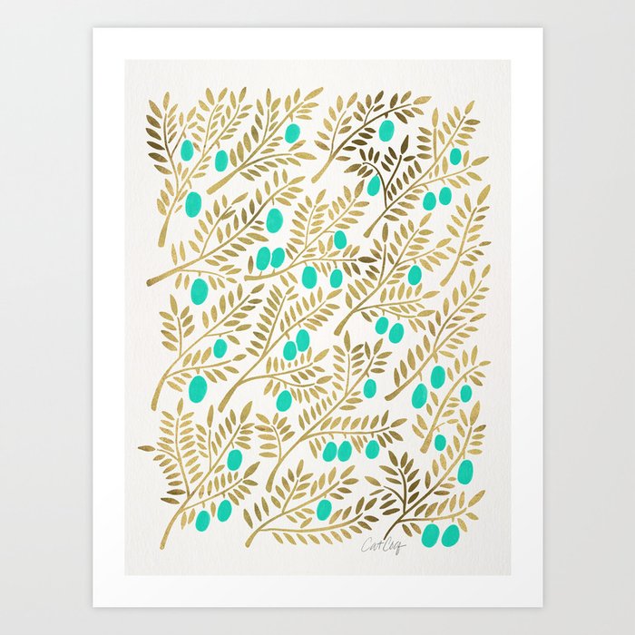 Gold & Turquoise Olive Branches Art Print