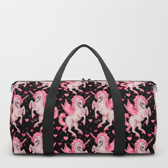Pink Unicorn Pegasus On Black Duffle Bag By Fluffshop