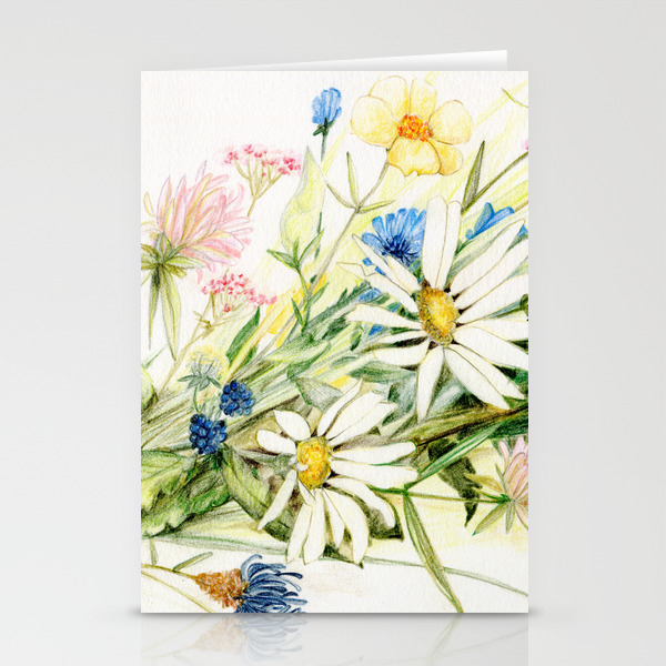Bouquet Of Wildflowers Original Colored Pencil Drawing Stationery Cards By Betweentheweeds Society6,Roses Line Drawing