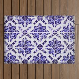 Gorgeous traditional Portuguese ceramic blue tiles with floral pattern. Outdoor Rug