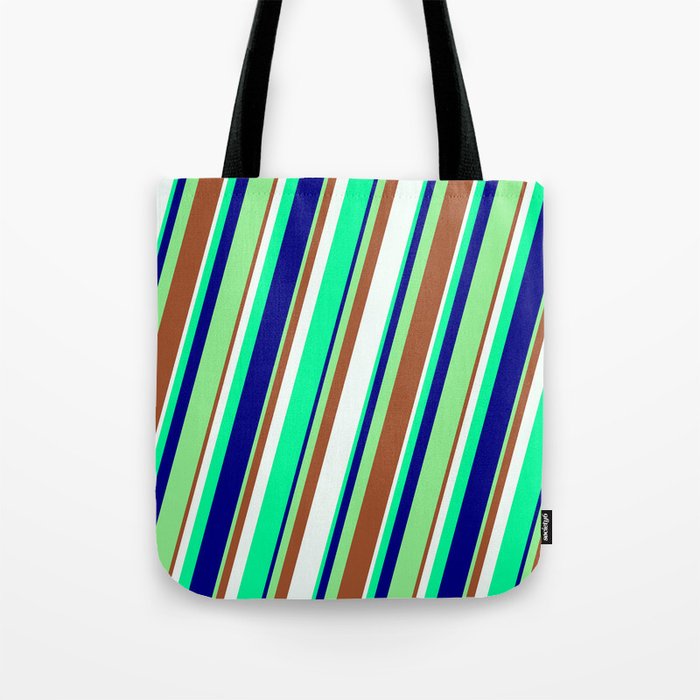 Eye-catching Light Green, Sienna, Mint Cream, Green, and Blue Colored Stripes/Lines Pattern Tote Bag