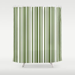 [ Thumbnail: Dark Olive Green & White Colored Stripes Pattern Shower Curtain ]