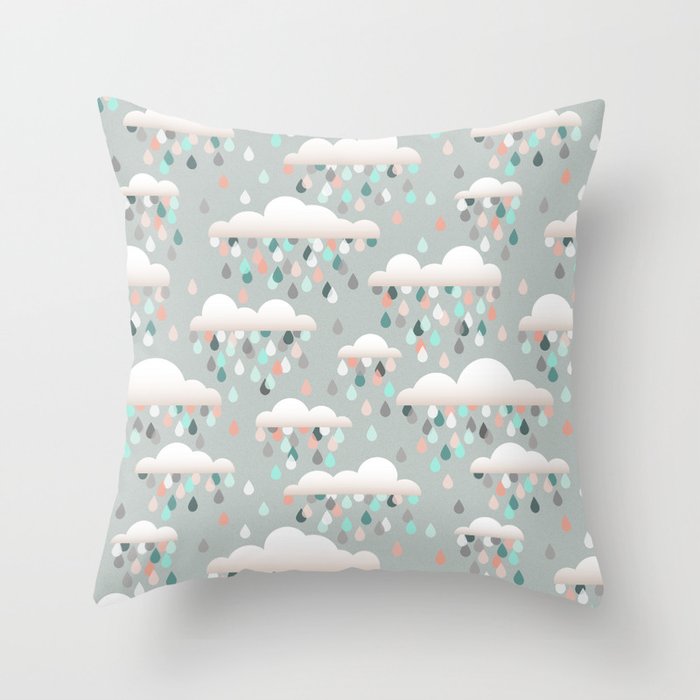 geometric clouds and raindrops on grey and mint Throw Pillow