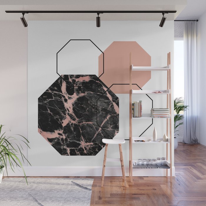 Geometric Hexagon Black Marble Rose Gold Wall Mural By Hiawol