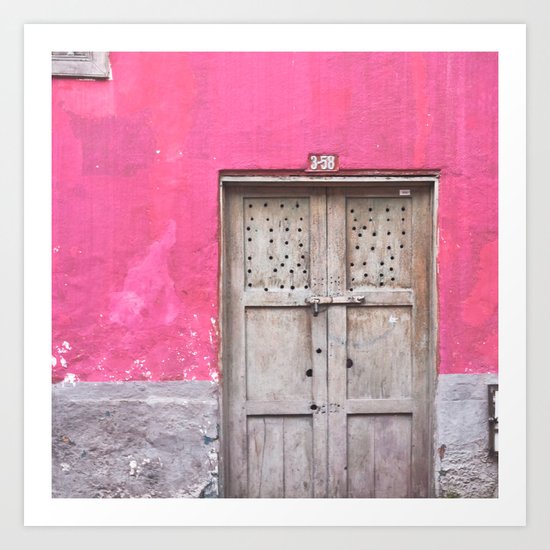 Grey Door on Pink Wall (Retro and Vintage Urban, architecture photography) Art Print
