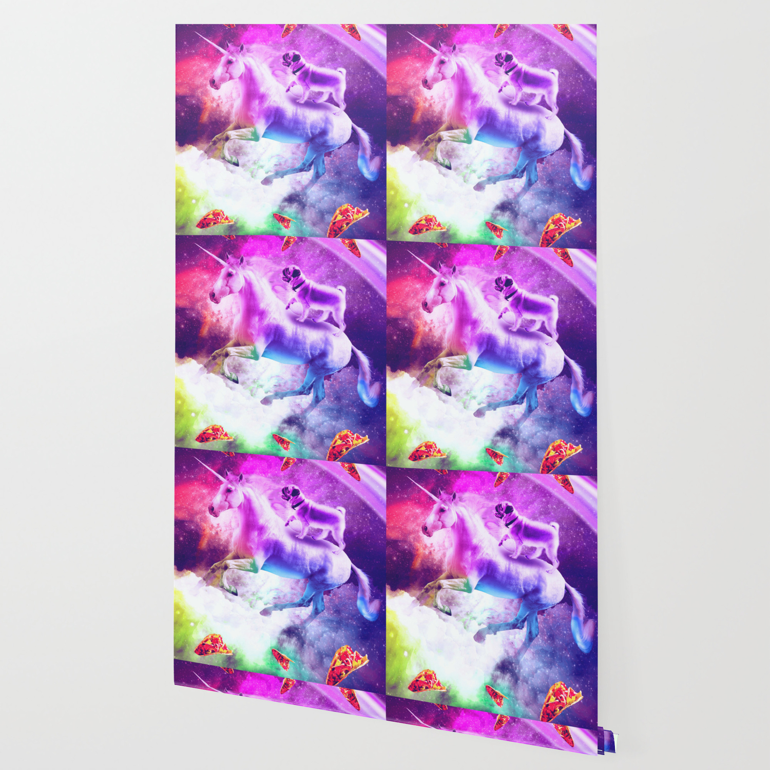 Rainbow Space Pug Riding On Flying Unicorn With Taco Wallpaper By