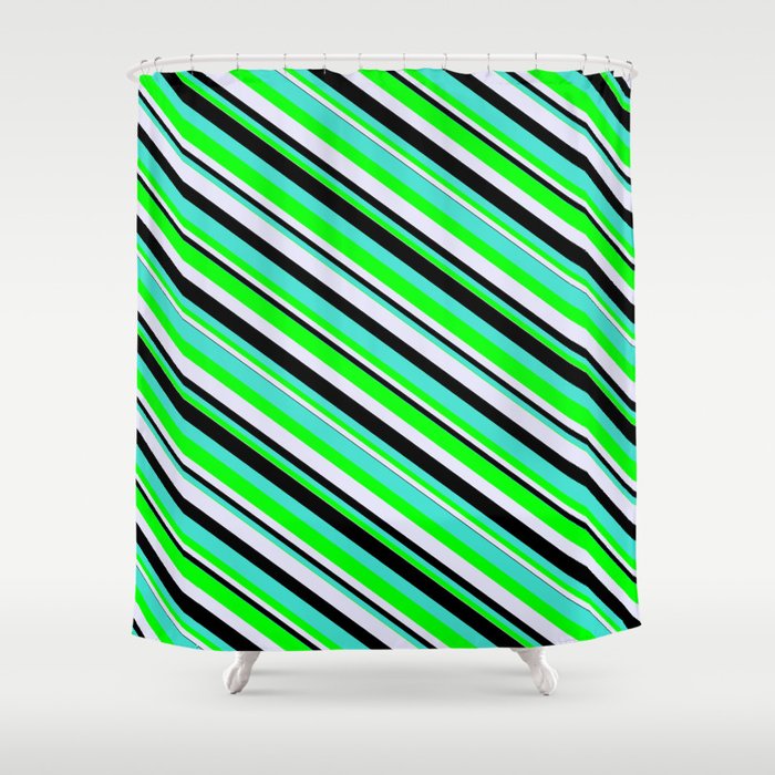 Turquoise, Lime, Lavender, and Black Colored Stripes/Lines Pattern Shower Curtain