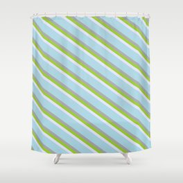 [ Thumbnail: Lavender, Light Blue, Dark Gray & Green Colored Striped/Lined Pattern Shower Curtain ]