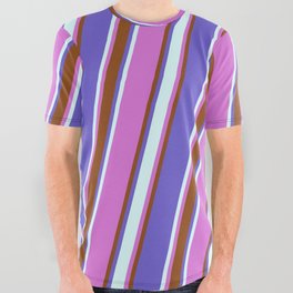 [ Thumbnail: Orchid, Brown, Slate Blue, and Light Cyan Colored Stripes Pattern All Over Graphic Tee ]