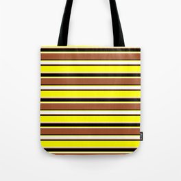 [ Thumbnail: Yellow, White, Sienna & Black Colored Stripes/Lines Pattern Tote Bag ]
