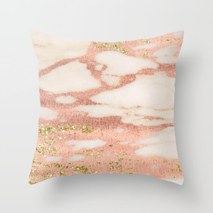 Marble - Rose Gold Shimmer Marble with Yellow Gold Glitter Throw Pillow
