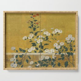 Red and White Chrysanthemums Vintage Japanese Gold Leaf Screen Serving Tray