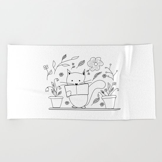Cat between the flowers Beach Towel