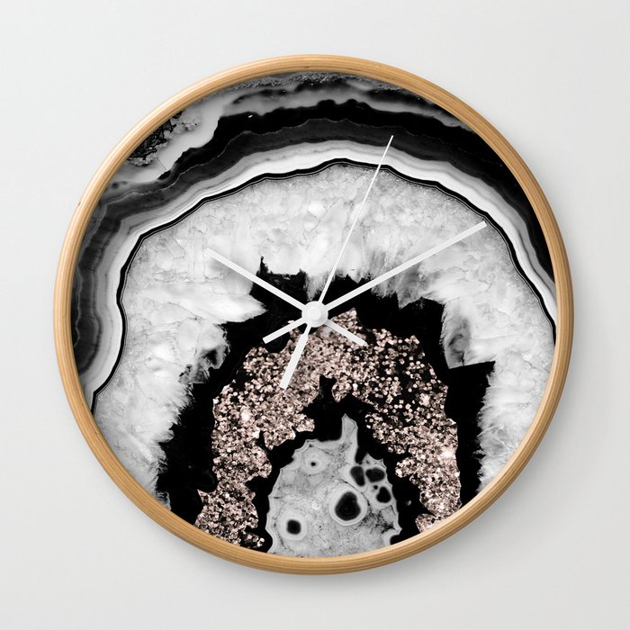 Gray Black White Agate With Rose Gold Glitter 1 Gem Decor Art Society6 Wall Clock