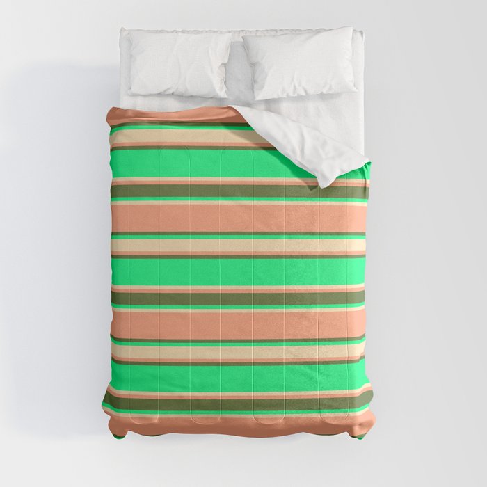 Green, Beige, Light Salmon & Dark Olive Green Colored Stripes Pattern Comforter