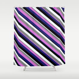[ Thumbnail: Eye-catching Gray, Orchid, Midnight Blue, Black, and Mint Cream Colored Stripes/Lines Pattern Shower Curtain ]