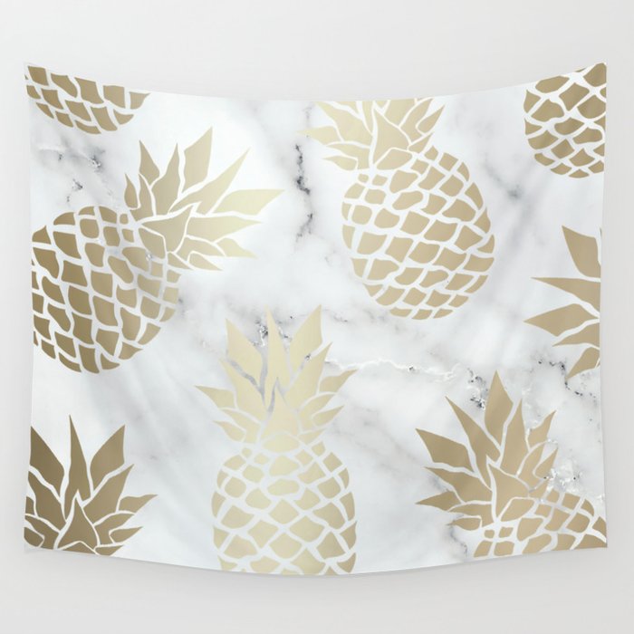 Pineapple Art with Marble, White and Gold Wall Tapestry