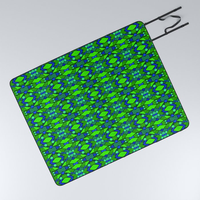 stained glass style geometric pattern in green and blue colors Picnic Blanket