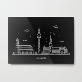 Munich Minimal Nightscape / Skyline Drawing Metal Print | Attractions, Landscape, Cityscape, Nightscape, Panorama, Germany, Skyline, German, Poster, Deutschland 