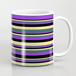 [ Thumbnail: Tan, Dark Slate Gray, Purple, and Black Colored Stripes/Lines Pattern Coffee Mug ]