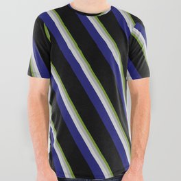 [ Thumbnail: Vibrant Green, Dark Gray, Light Grey, Midnight Blue, and Black Colored Pattern of Stripes All Over Graphic Tee ]