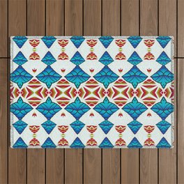 Art Deco Neo Tribal Coral Red and Turquoise Teal Indigo Outdoor Rug