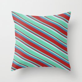 [ Thumbnail: Powder Blue, Aquamarine, Blue, and Red Colored Lined/Striped Pattern Throw Pillow ]