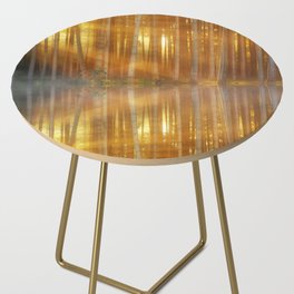 Mirrored lake reflection of morning aspen trees in the morning fog and sunshine nature landscape magical realism photograph / photography Side Table