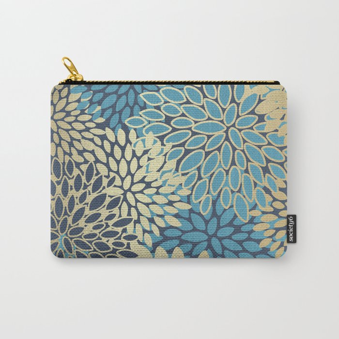 Christmas, Flower Garden, Gold and Blue, Floral Prints Carry-All Pouch