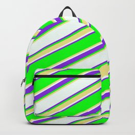 [ Thumbnail: Lime, Tan, Mint Cream & Purple Colored Lined Pattern Backpack ]
