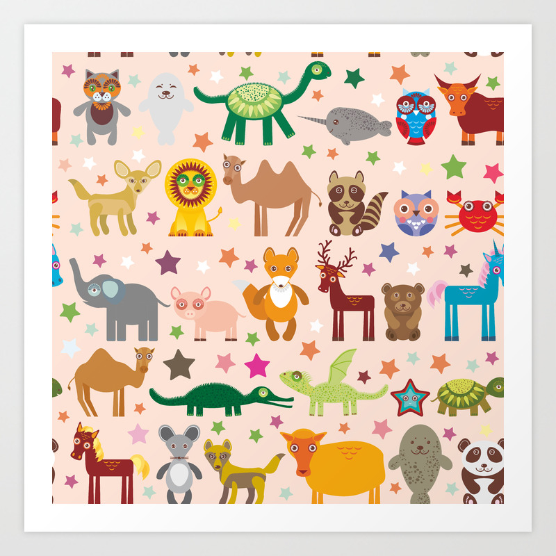 Set Of Funny Cartoon Animals Character On Pink Seamless Background Zoo Vector Art Print By Ekaterinap Society6