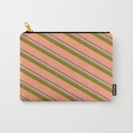 [ Thumbnail: Light Salmon, Grey & Green Colored Lined/Striped Pattern Carry-All Pouch ]