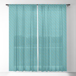 [ Thumbnail: Dark Olive Green & Deep Sky Blue Colored Striped Pattern Sheer Curtain ]