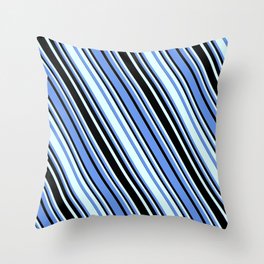 [ Thumbnail: Cornflower Blue, Black, and Light Cyan Colored Striped Pattern Throw Pillow ]