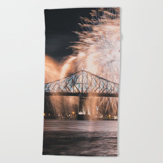 Fireworks bridge Beach Towel