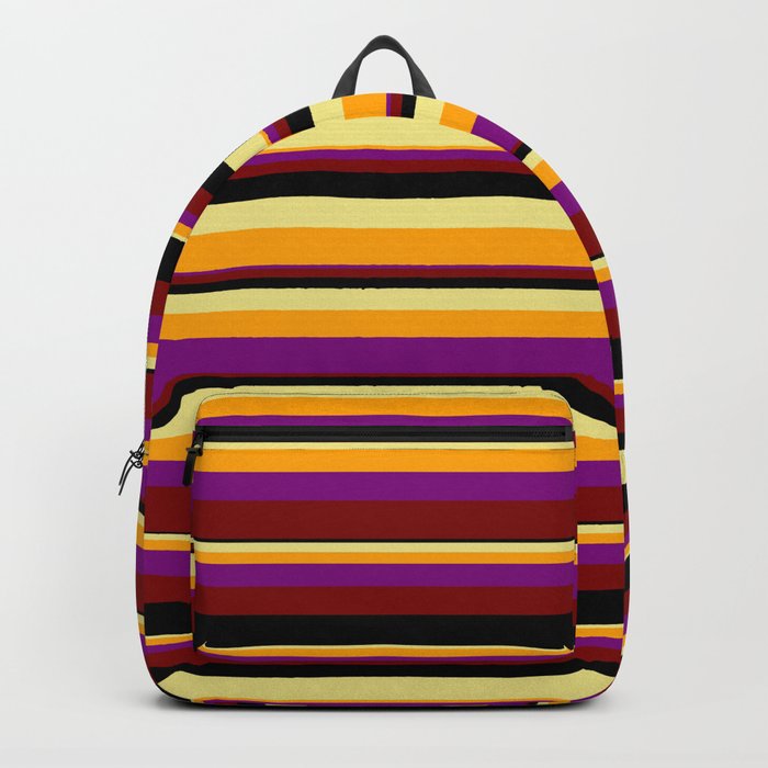 Tan, Orange, Purple, Maroon, and Black Colored Striped/Lined Pattern Backpack
