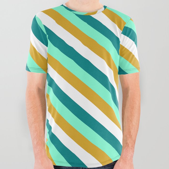 Aquamarine, Goldenrod, White & Teal Colored Pattern of Stripes All Over Graphic Tee