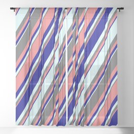 [ Thumbnail: Dim Grey, Light Coral, Dark Blue & Light Cyan Colored Stripes Pattern Sheer Curtain ]