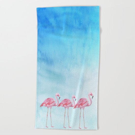 Flamingo bird summer lagune - watercolor illustration Beach Towel