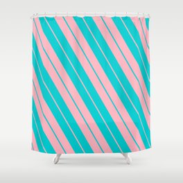 [ Thumbnail: Dark Turquoise and Light Pink Colored Striped Pattern Shower Curtain ]