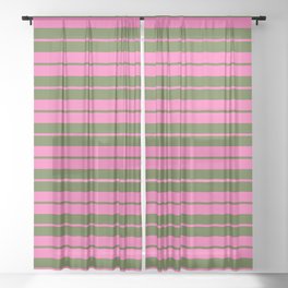 [ Thumbnail: Hot Pink and Dark Olive Green Colored Lined Pattern Sheer Curtain ]