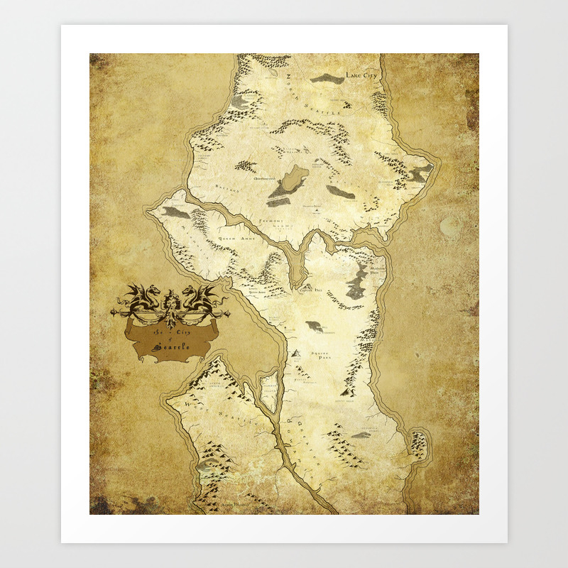 Fantasy Map Of Seattle Gold Parchment Art Print By Midgardmaps