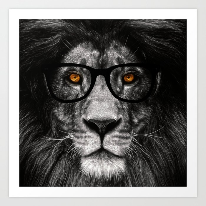 Black Lion with Glasses Art Print