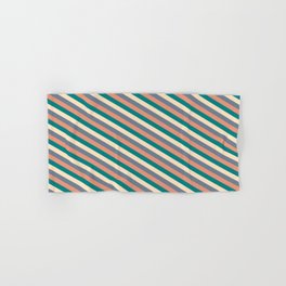 [ Thumbnail: Dark Salmon, Teal, Bisque, and Slate Gray Colored Pattern of Stripes Hand & Bath Towel ]