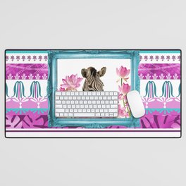 Turquoise Frame - Zebra with Lotos Flowers Desk Mat