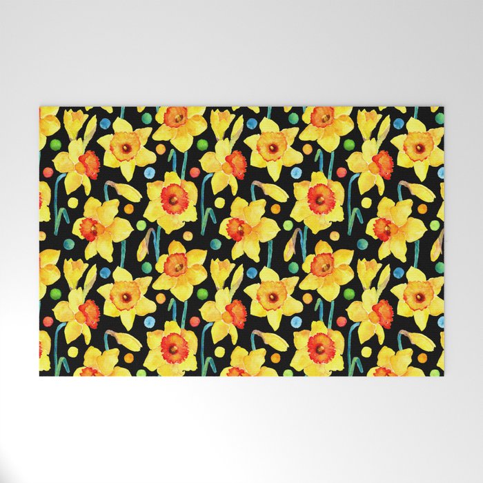 Yellow Daffodils with a Black Background Welcome Mat