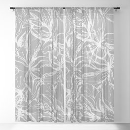 White contour flowers on a gray background. Sheer Curtain