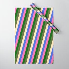 [ Thumbnail: Vibrant Dark Olive Green, Beige, Royal Blue, Hot Pink, and Dark Green Colored Lines Pattern Wrapping Paper ]